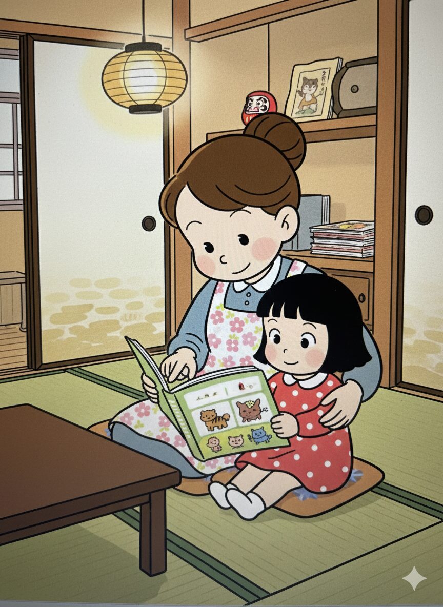 女の子に読み聞かせをしているお母さん